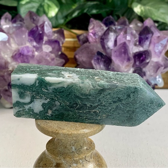 Moss Agate Crystal Tower Obelisk Energy Generator Chakra Healing Stone Wand 3.5" - Picture 8 of 14